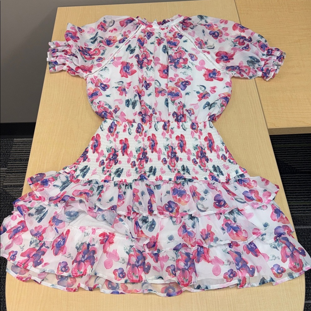 White Floral Dress with Pink and Purple Accents By Allison NY Size medium - Picture 13 of 16